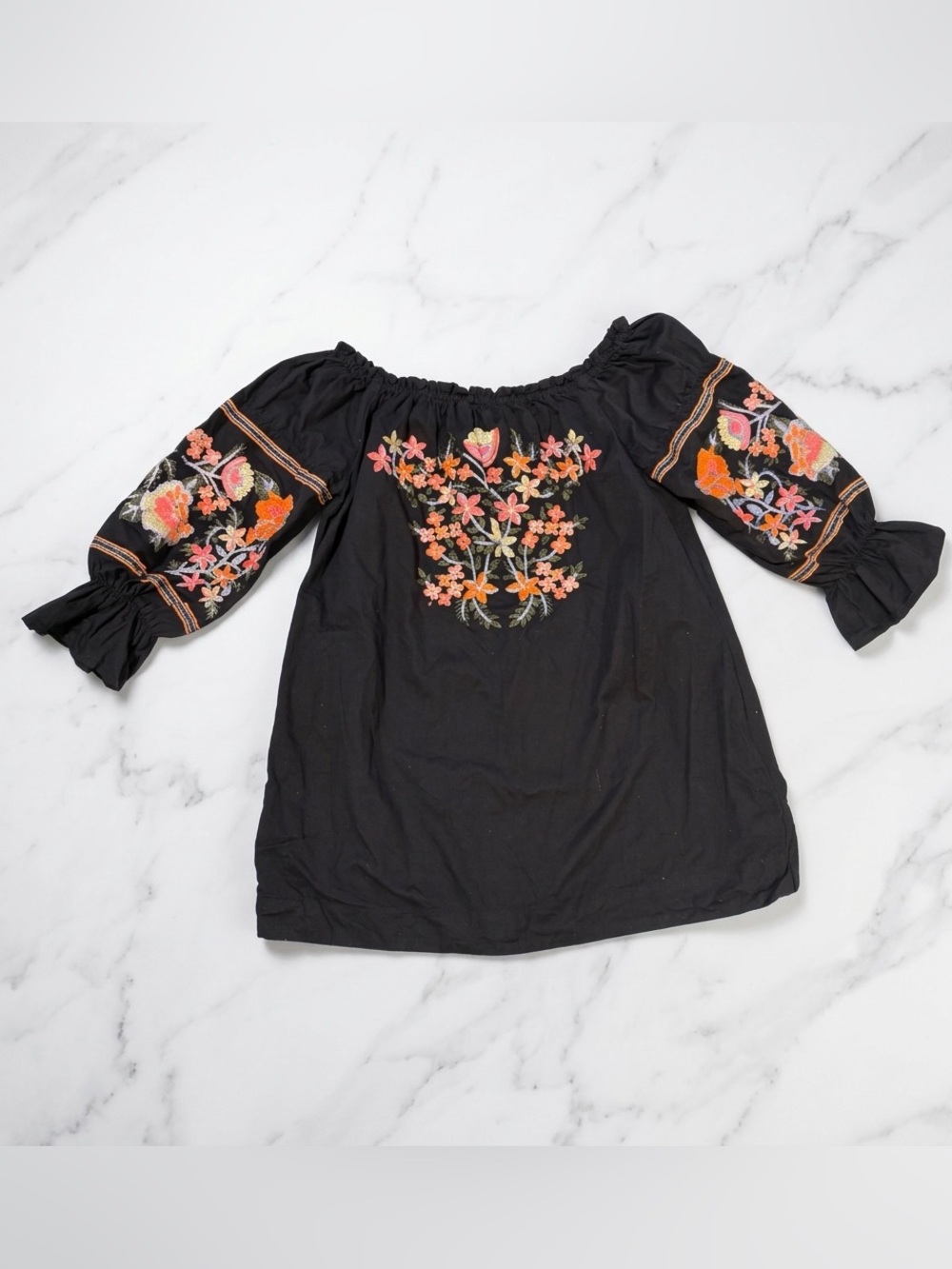 POOF! New York Black Floral Embroidered Off-Shoulder Peasant Tunic Top – Style Z